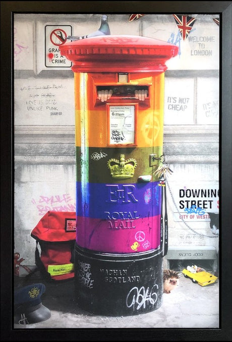Postman Patrick Rainbow Edition Framed Original Mixed Media Painting by Artist JJ Adams