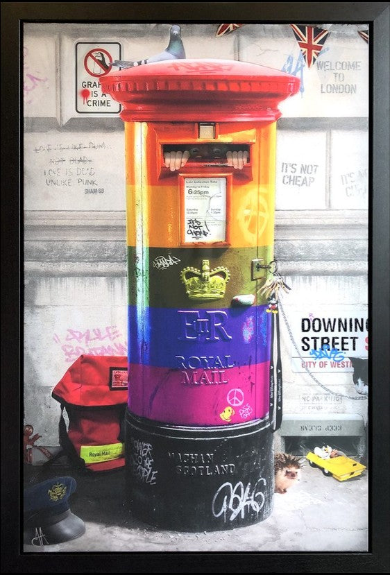 Postman Patrick Rainbow Edition Framed Original Mixed Media Painting by Artist JJ Adams