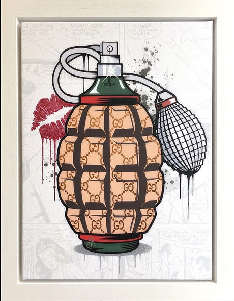 Designer Grenade Gucci Framed Original Mixed Media Painting by Artist JJ Adams